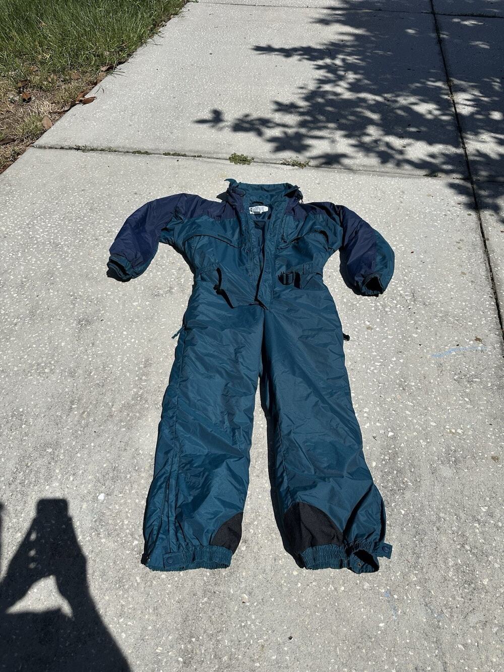 Vintage 90s Columbia One Piece Ski Suit Men's Large Teal Navy Blue Belted Jumps